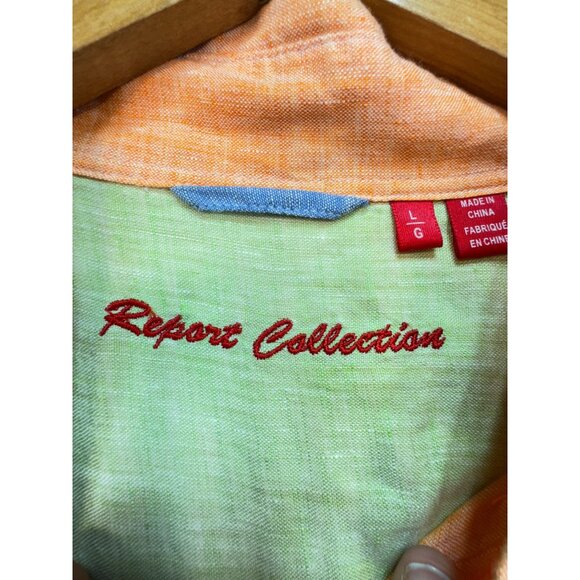 Report Collection Mens Button Down Linen Shirt Long Sleeve Stretch Size L Orange - Picture 2 of 14